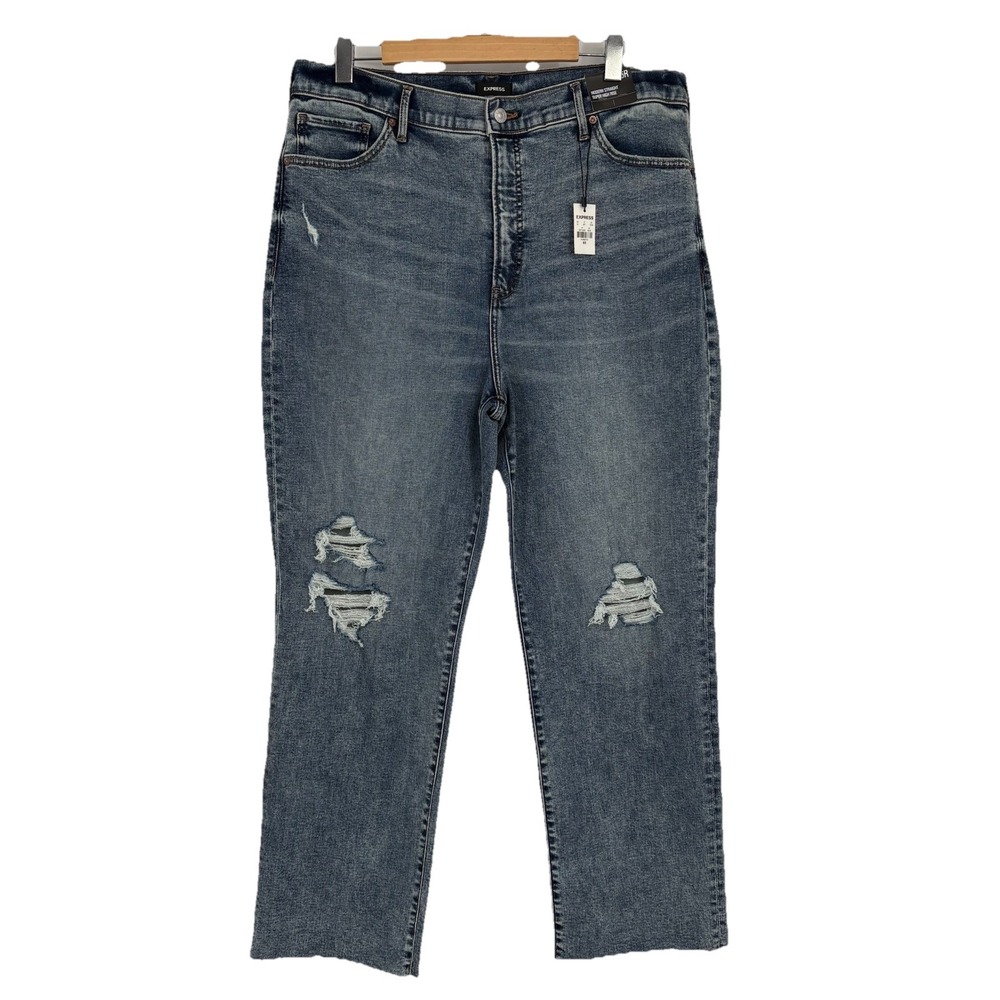 Express Womens Modern Straight Super High Rise Jeans 16R Distressed Raw‎ Hem